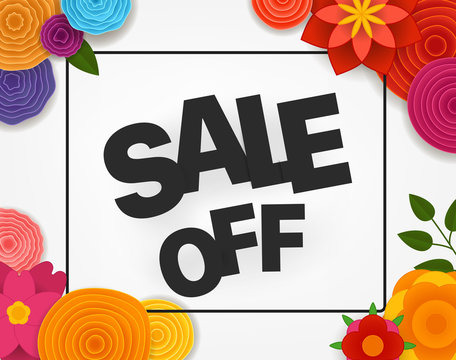 Sale off vector concept. Discount banner with color paper flowers