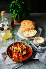 Vegetable stew with seafood cocktail.