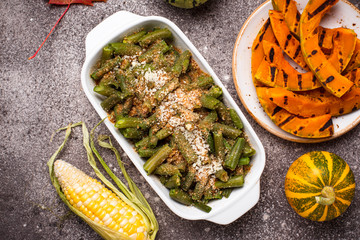 Green beans casserole with bread crumbs