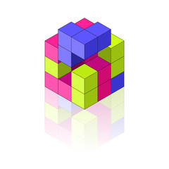 Colour Isometric cube with reflection on the white background. Toy, puzzle. Vector illustration.