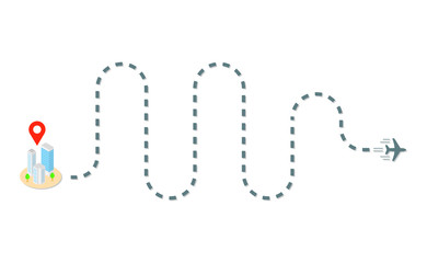 Plane track and isometric buildings with location sign. Vector illustration.