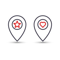 Outline star and heart in pinpoint icon. Favorite pin location gps map marker.