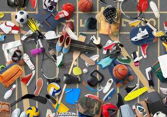 Sports equipment and clothing are scattered in the gym