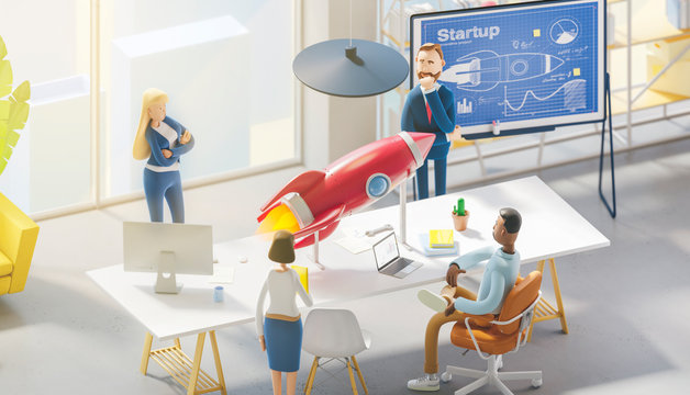 Concept of creative team. Modern office. 3d illustration.  Cartoon characters. People work in a team and achieve the goal. Startup concept.