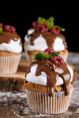 The process of making cupcakes, coating a cream from a pastry bag in the hands of a pastry chef.