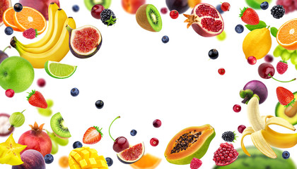 Frame made of fruits and berries isolated on white background