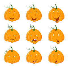 Collection of pumpkin head with different emotion of face for. Halloween celebration. Different emotions happy, sad, angry, interesting, funny, laughing, angry, frustrated, scared. Cute Halloween