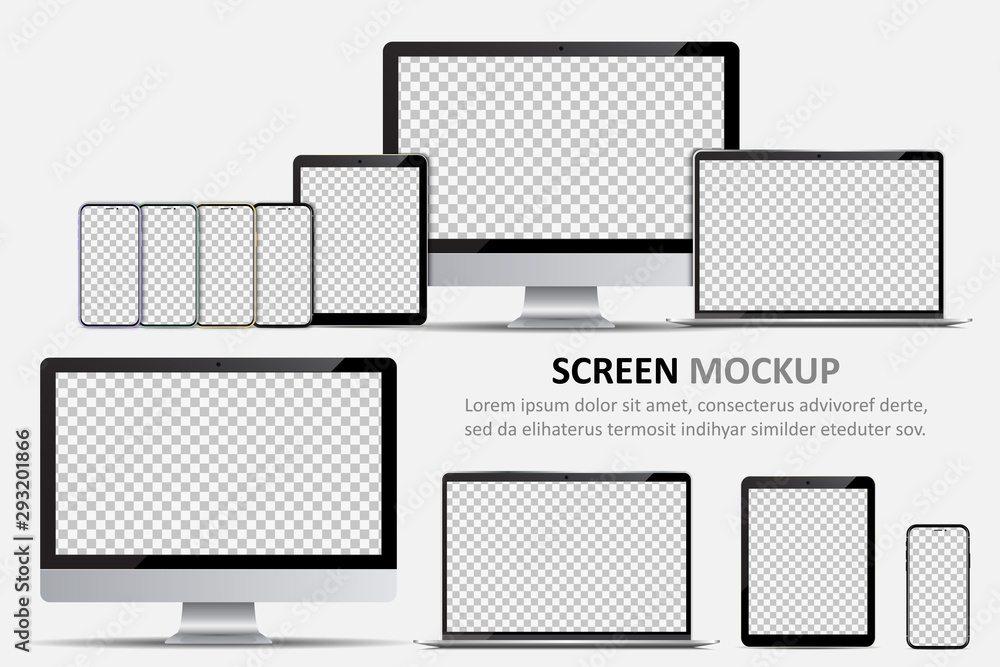 Poster screen mockup. computer monitor, laptop, tablet and smartphone with blank screen for design