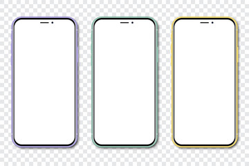 Three new smartphone with blank screen on a transparent background