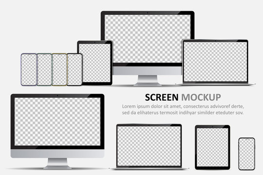 Screen Mockup. Computer Monitor, Laptop, Tablet And Smartphone With Blank Screen For Design
