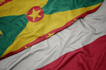 waving colorful flag of poland and national flag of grenada.