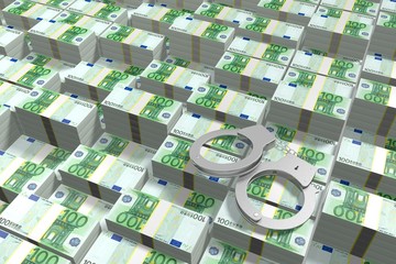 3D law concept - handcuffs, hundred euro bills