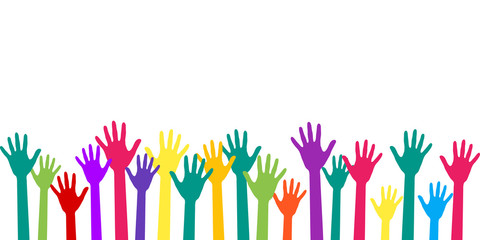 Colorful raised hands group art therapy vector illustration. Hands in paint of rainbow colors raised up art, party, joy and fun, friendship or group therapy symbols. Many children arms together.