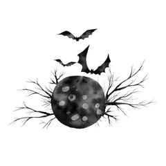 moon with black branches and bats, monochrome watercolor illustration