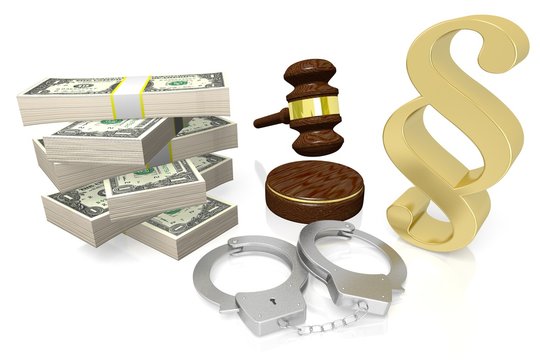 3D law concept - handcuffs, gun, dollars, gavel, paragraph sign