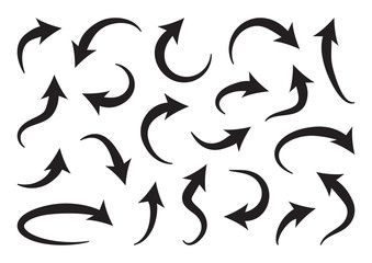 Set of different curve arrows, black collection. Vector