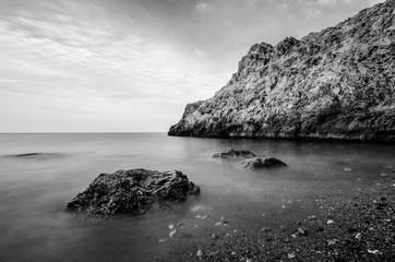 Obraz premium First hours of the day at Cantarrijan beach, the best nudist beach on the Costa del Sol and Costa Tropical of Granada