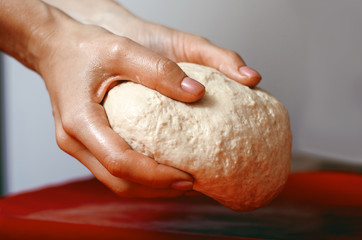 female hands in flour closeup kneading dough on table, close up
