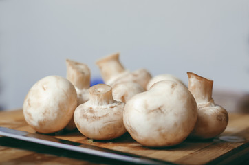 Woman cutting mushrooms on wooden plank, close up