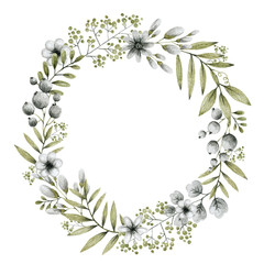 green and gray leaves branches and flowers, freehand drawing in pencil illustration, round frame template for design and logo of the invitation wedding, background