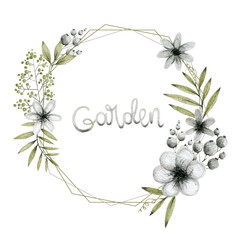 green and gray leaves branches and flowers, freehand drawing in pencil illustration, round frame template for design and logo of the invitation wedding, background