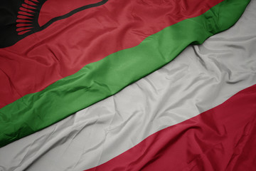 waving colorful flag of poland and national flag of malawi.