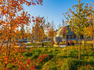 Beautiful view of Zaryadye landscape park with bright and colourful red, orange, green and yellow autumn plants on a sunny evening.
