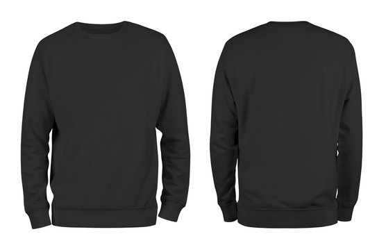 Men's black blank sweatshirt template,from two sides, natural shape on invisible mannequin, for your design mockup for print, isolated on white background.