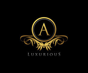 Gold A Letter Luxury Boutique , Heraldic, Royal, Decoration, Boutique Logo. Interior Icon. Fashion, Jewelry, Beauty Salon, Hotel Logo. Cosmetics, Spa Logo. Resort and Restaurant Logo.