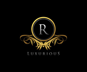 Gold R Letter Luxury Boutique , Heraldic, Royal, Decoration, Boutique Logo. Interior Icon. Fashion, Jewelry, Beauty Salon, Hotel Logo. Cosmetics, Spa Logo. Resort and Restaurant Logo.