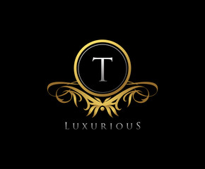 Gold T Letter Luxury Boutique , Heraldic, Royal, Decoration, Boutique Logo. Interior Icon. Fashion, Jewelry, Beauty Salon, Hotel Logo. Cosmetics, Spa Logo. Resort and Restaurant Logo.