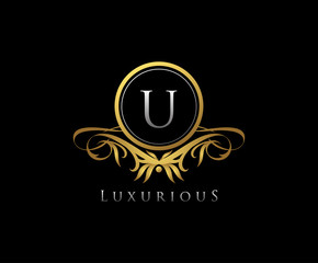Gold U Letter Luxury Boutique , Heraldic, Royal, Decoration, Boutique Logo. Interior Icon. Fashion, Jewelry, Beauty Salon, Hotel Logo. Cosmetics, Spa Logo. Resort and Restaurant Logo.