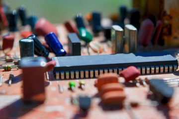 Electronic board close-up on a blurry background soft focus.