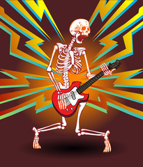 Vector image of a skeleton of a guitarist with a guitar on a bright background in the style of cartoon trash art