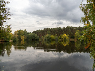 Autumn, trees, river, clouds.