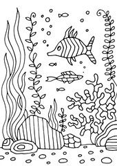 Children's coloring underwater world. Hand drawing coloring book for children and adults. Beautiful drawings with patterns and small details. One of a series of painted paintings.