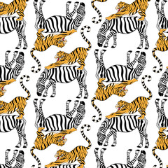 Fototapeta na wymiar Vector pattern with hand drawn illustration of tiger and zebra isolated. Template for card, poster, banner, print for t-shirt, pin, badge, patch.