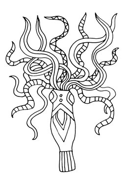 Children's coloring squid underwater world. Hand drawing coloring book for children and adults. Beautiful drawings with patterns and small details. One of a series of painted paintings.