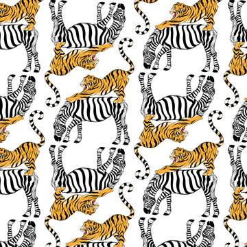 Vector pattern with hand drawn illustration of tiger and zebra isolated. Template for card, poster, banner, print for t-shirt, pin, badge, patch.