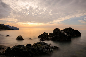 Sunrise at the Playa de las Alberquillas and Molino de Papel (Costa del Sol de M&aacute;laga), in a fantastic natural setting