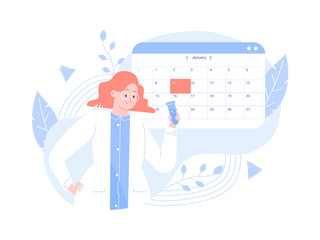 Make an appointment with a doctor. Routine vaccination, analyzes and research. Patient health care, online consultation. Vector flat illustration.
