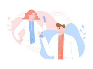 Scientists or doctors in white coats are holding test tubes. Research medical illustration. Laboratory experiments and analyzes. Vector flat.
