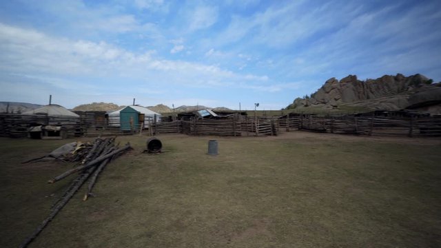 Pan: Yurts and wooden houses on land against blue sky - Ulaanbaatar, Mongolia
