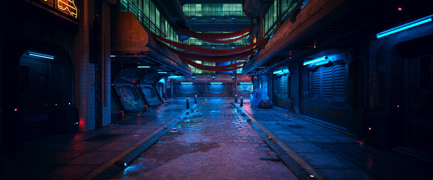 Beautiful neon night in a cyberpunk city. Photorealistic 3d illustration of the futuristic city. Empty street with blue neon lights.