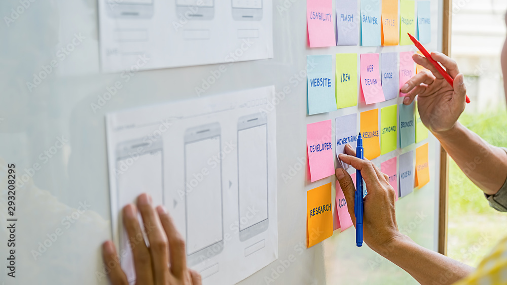 Wall mural creative web designer planning application and developing template layout, framework for mobile phon