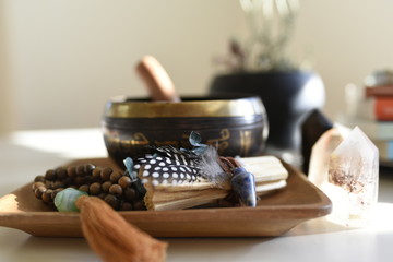 Stack of Books with Elephant and Sound Bowl