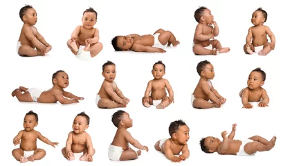 Fototapeten Cute little baby crawling on white background © New Africa