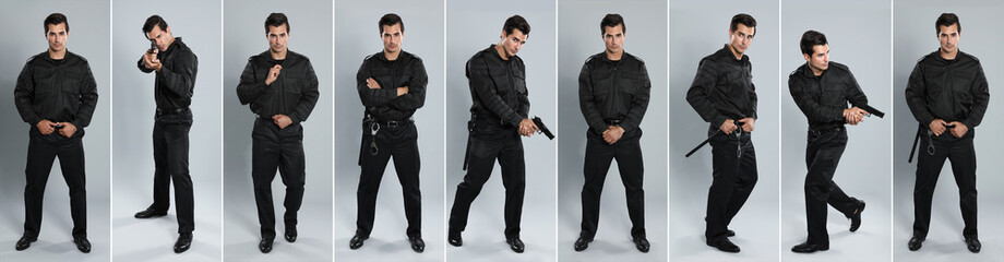 Collage of male security guard on grey background