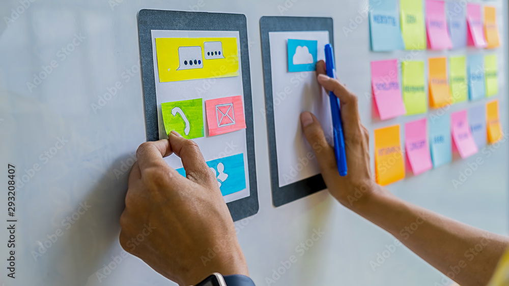 Wall mural creative web designer planning application and developing template layout, framework for mobile phon