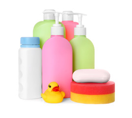 Set of baby accessories on white background